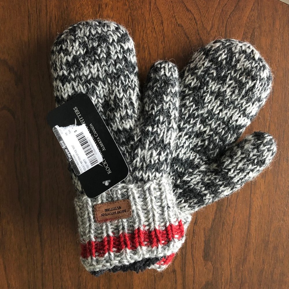 Rocky Mountain Feathers Grey Marled Knit Mittens with Red Stripe